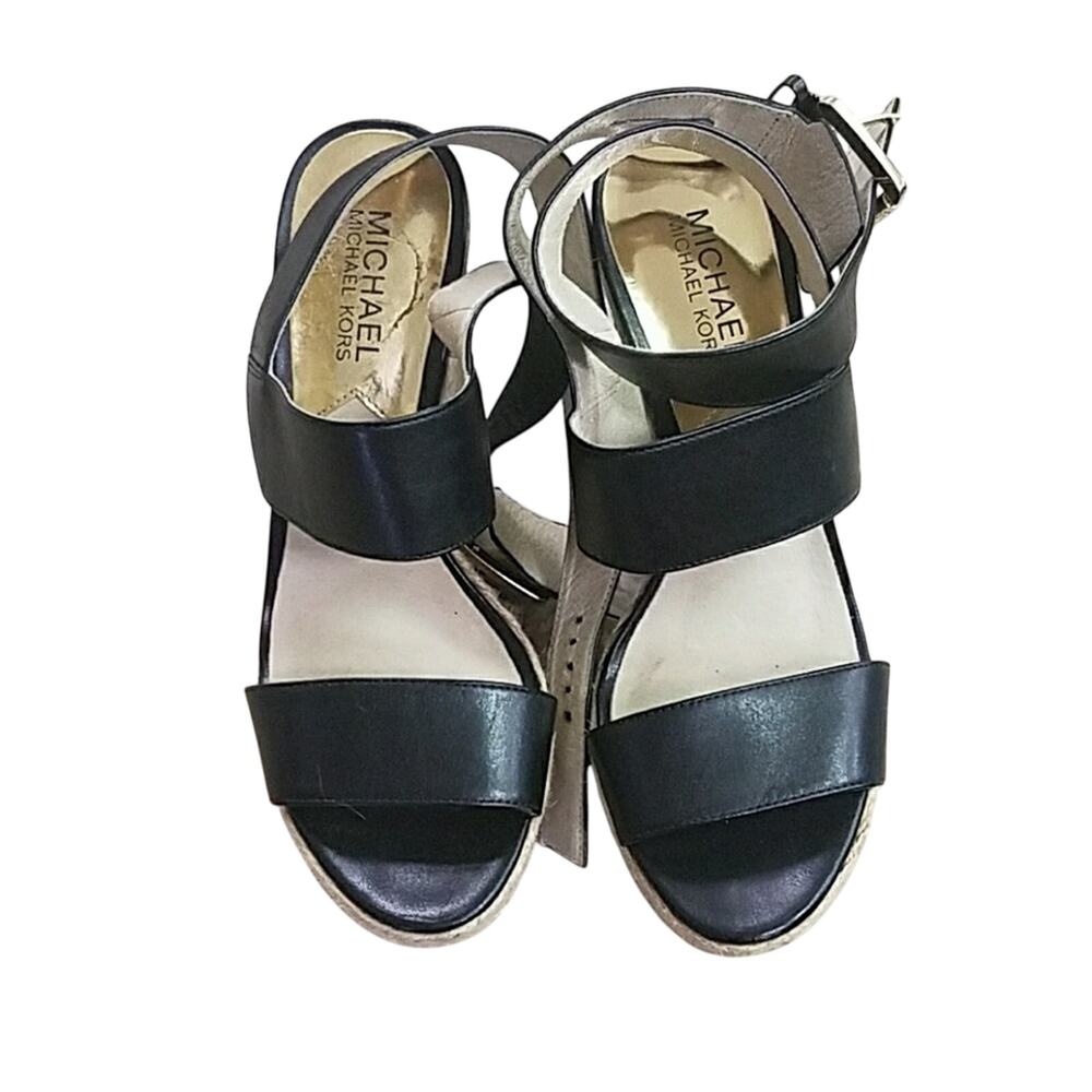Michael Kors black leather strappy high‎ heel wedges size 7